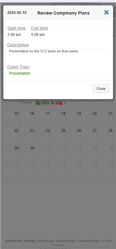 Mobile View showing Event
